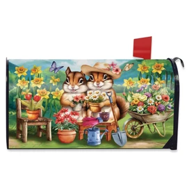 Springtime Chipmunks Mailbox Cover with colorful garden scene and two chipmunks surrounded by flowers.
