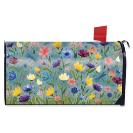 Wildflower Field Mailbox Cover with colorful floral design and red flag on white background.