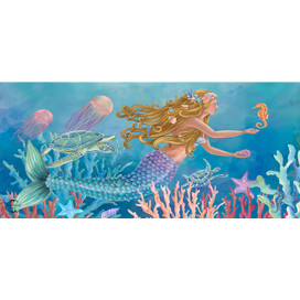 Mermaid Mini Mat, colorful mermaid with seahorse, fish, and coral reef on vibrant blue background.