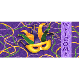 Mardi Gras Mini Mat, yellow mask with green and orange feathers on purple background with beads.