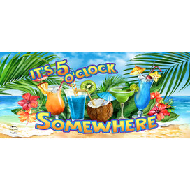 Vibrant beach scene with colorful cocktails and tropical leaves on 5 O'clock Cocktails Mini Mat.