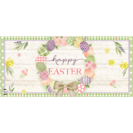 Easter Egg Wreath Mini Mat with happy Easter text and colorful eggs on white wood background.