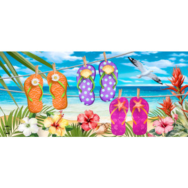 Hanging Flip Flops Mini Mat with colorful flip flops and tropical flowers on a beach background.