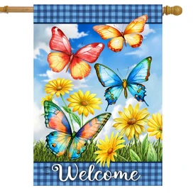 Butterfly Garden House Flag with colorful butterflies, yellow flowers, and blue gingham border, welcoming outdoor decor.