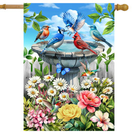 Colorful garden flag with birds, butterflies, and flowers around a birdbath house flag design outdoor decor.