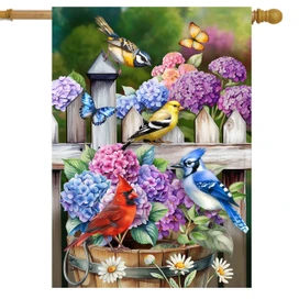 Bird Watching House Flag with colorful birds, hydrangeas, and butterflies on a garden fence background.