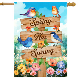Spring Has Sprung Sign House Flag with colorful birds, flowers, and wooden sign on blue background.