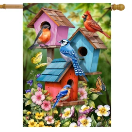 Spring Celebration Birdhouses House Flag with colorful birdhouses, birds, butterflies, and flowers garden decor.