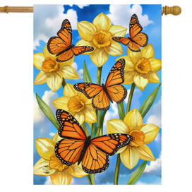 Monarch Butterflies House Flag with yellow daffodils and blue sky with white clouds background design.