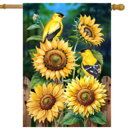 Goldfinch Gathering House Flag with vibrant yellow sunflowers and goldfinch birds on a wooden fence background.