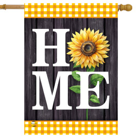 Sunflower Home House Flag with yellow sunflower, white HOME text on dark wood background with gingham trim.