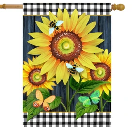 Blooming Sunflowers House Flag with yellow flowers, bees, butterflies, and green leaves on black and white background.