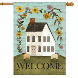 Country Saltbox House Flag with welcome text, white house, sunflowers, and sheep on green hill.