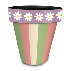 Spring Stripes Large Planter, pink, green, and white striped with purple floral rim.