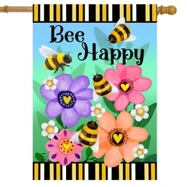 Busy Bees House Flag with colorful flowers and bees on a blue and green background.