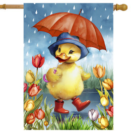 Rainy Day Duckling House Flag with yellow duckling, red boots, blue hat, and red umbrella.
