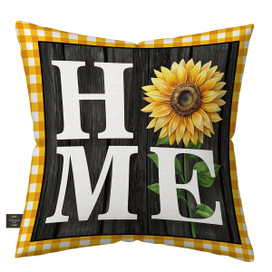 Sunflower Home Indoor/Outdoor Pillow with yellow gingham trim and large white HOME text with sunflower.