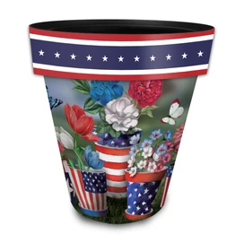 American Bloom Large Planter with patriotic floral design and red, white, and blue color scheme.