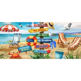 Beach Signs Mini Mat with colorful beach scene and directional signs on sandy shore setting.
