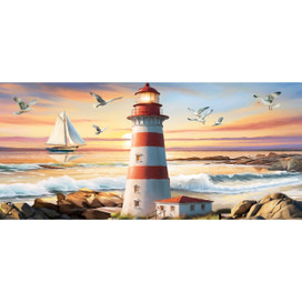 Lighthouse At Sunset Mini Mat, red and white striped lighthouse with seagulls and sailboat at sunset.