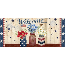 Welcome American Mason Jars Mini Mat with patriotic jars and flowers on a wooden background.