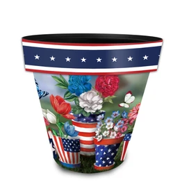 American Bloom Medium Planter, patriotic floral design, red white blue colors, stars, flowers on pot.