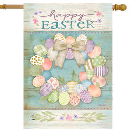 Pastel Easter Wreath House Flag with colorful eggs, bow, and Happy Easter text on wood background.