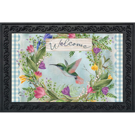 Hummingbird Wreath Doormat with floral design and welcome sign, green hummingbird, colorful flowers, black frame.