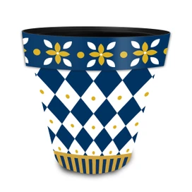 Blue and Gold Medium Planter with argyle pattern and floral design on white background.