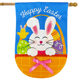 Basket Bunny Burlap House Flag with Easter bunny, eggs, and chick design on blue background.