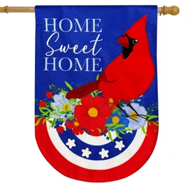 Red cardinal on floral burlap house flag with "Home Sweet Home" and American colors design.