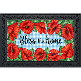 Bless This Home checkered floral doormat with red poppies and green leaves on blue background.