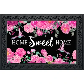 Home Sweet Home Hummingbirds Doormat with pink roses, hummingbirds, and black background and decorative border.