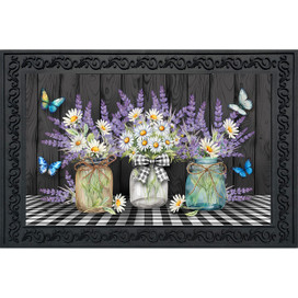 Lavender and Daisies floral doormat with jars butterflies on black and white checkered background.