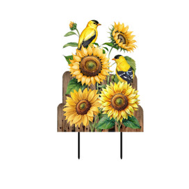 Goldfinch Gathering Metal Art with sunflowers and yellow birds on a wooden background with metal stakes.