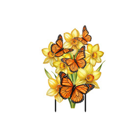 Monarch Butterflies Metal Art with yellow flowers and orange butterflies on metal stakes displayed.