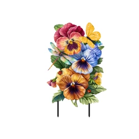 Pansy Trio Metal Art, colorful metal garden decoration with vibrant pansies, butterflies, and leaves on stakes.