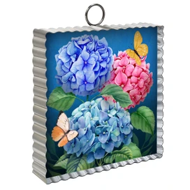 Colorful Hydrangeas Metal Mini Moment with blue, pink hydrangeas, and butterflies on silver metal frame.