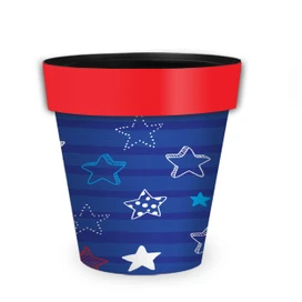 Star Spangled Medium Planter, blue with red rim, star pattern, white and blue stars design.