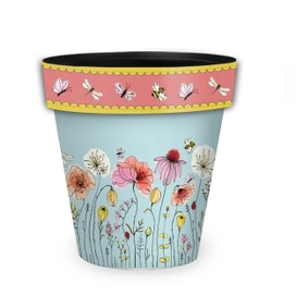 Colorful Wildflowers Medium Planter with bees and flowers design on light blue and pink background.
