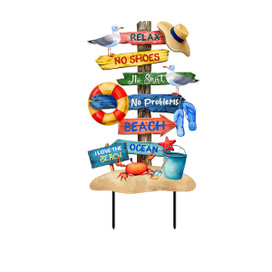 Beach Signs Metal Art with colorful signs, crab, seagulls, hat, and beach accessories on wooden base.