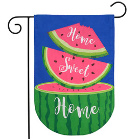 Watermelon garden flag with "Home Sweet Home" on slices and burlap material hanging on stand.