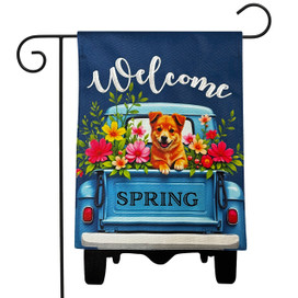 Puppy Pickup Burlap Garden Flag with colorful flowers and dog on blue truck with welcome spring text.