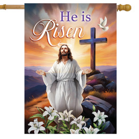 Jesus Is Risen house flag with Jesus standing by a cross and lilies at sunrise.
