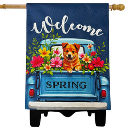 Puppy Pickup Burlap House Flag with colorful flowers and spring theme on blue truck background.