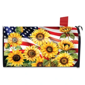 American Sunflowers Oversized Mailbox Cover with USA flag and vibrant yellow sunflowers design.