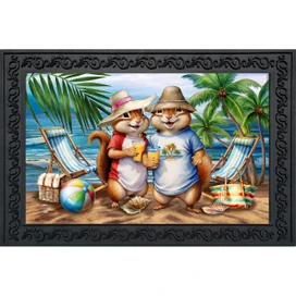 Summer Chipmunks Doormat with beach scene and two chipmunks wearing hats and holding drinks.
