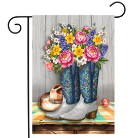 Floral Cowboy Boots Garden Flag with colorful flowers, blue and green boots, and white cowboy hat.