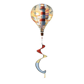 Lighthouse At Sunset hot air balloon spinner with red, blue and yellow spiral tail decoration.
