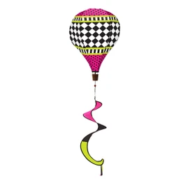 Neon Checkerboard Hot Air Balloon Spinner, pink, black, and yellow colors, checkered pattern, decorative spinner toy.